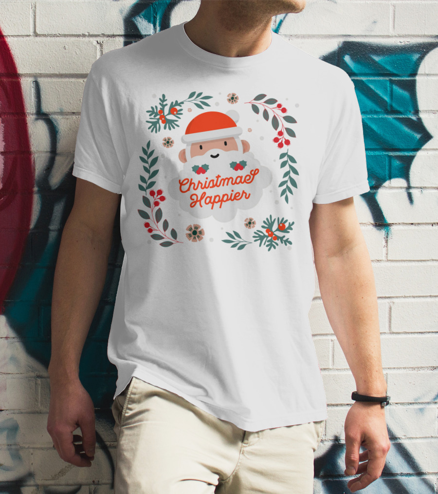 Christmas Happier Santa Claus With Holly And Festive Floral Elements T-Shirt