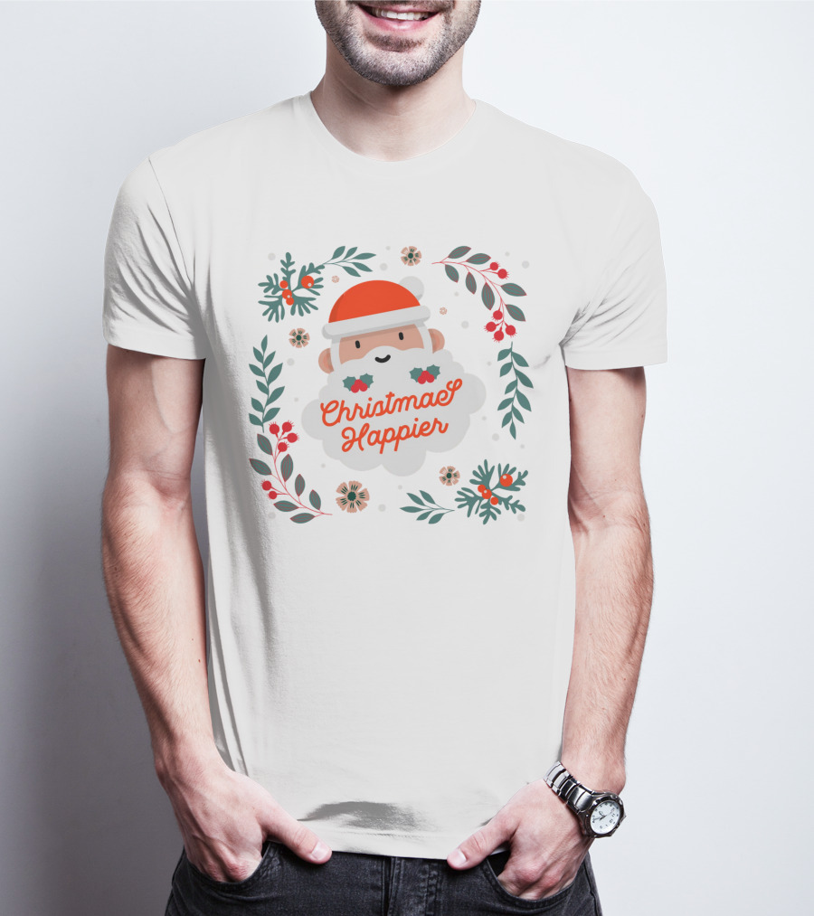 Christmas Happier Santa Claus With Holly And Festive Floral Elements T-Shirt