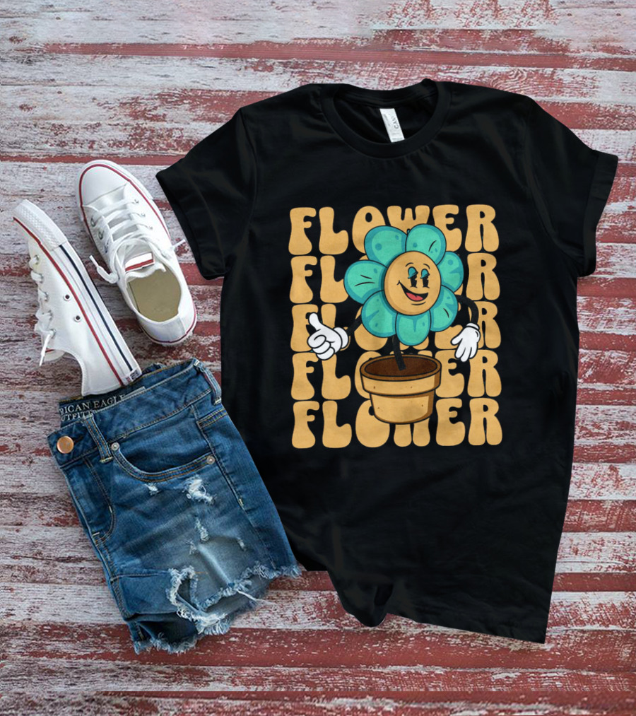 Flower Happy Blue Petal Character In Pot With Groovy Text T-Shirt
