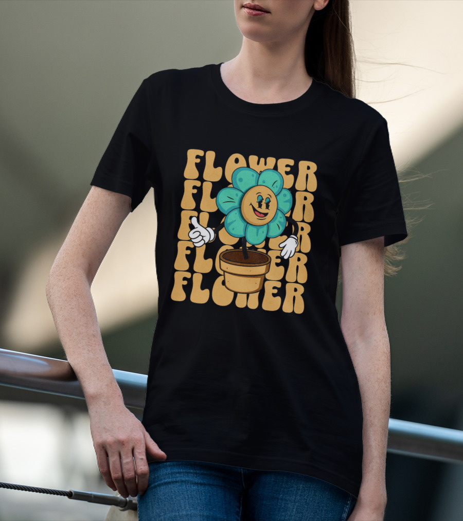Flower Happy Blue Petal Character In Pot With Groovy Text T-Shirt