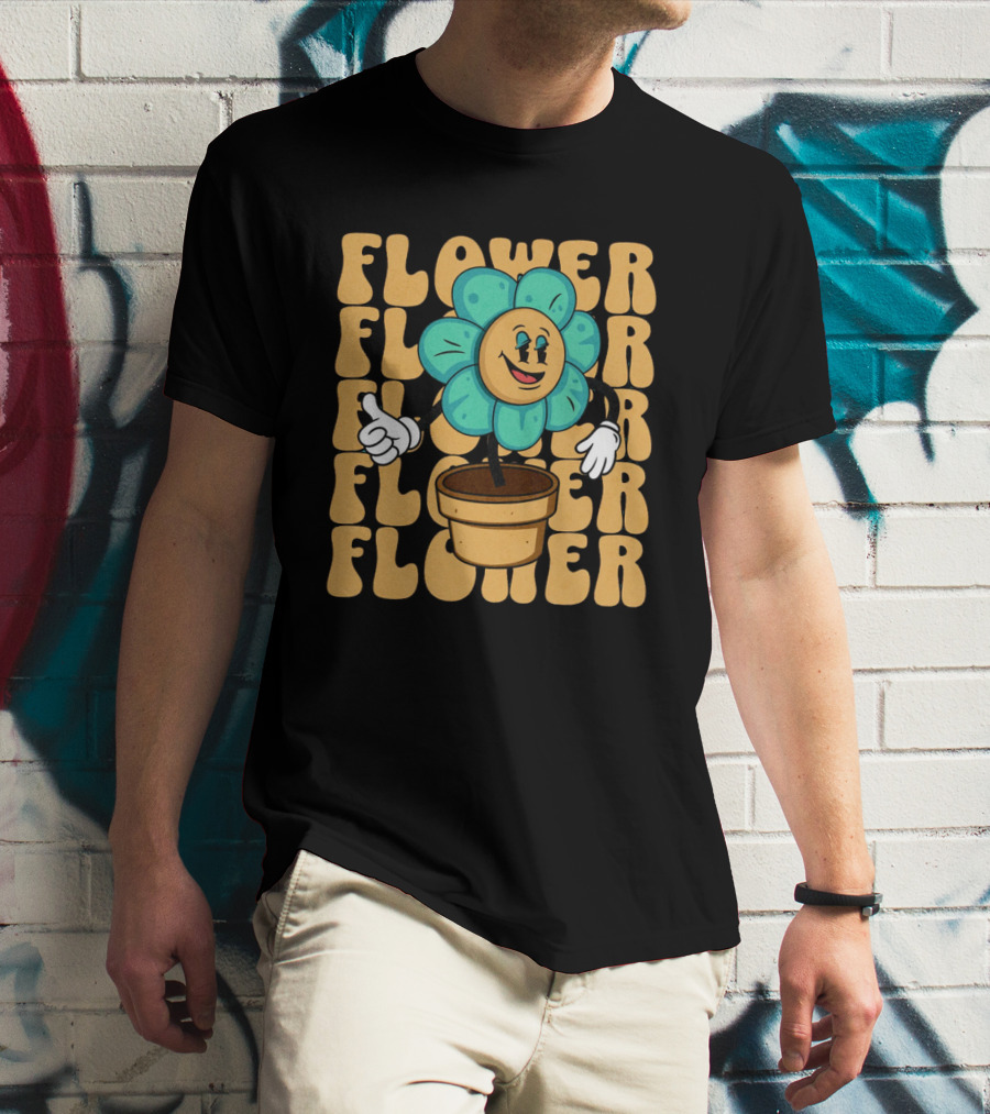 Flower Happy Blue Petal Character In Pot With Groovy Text T-Shirt
