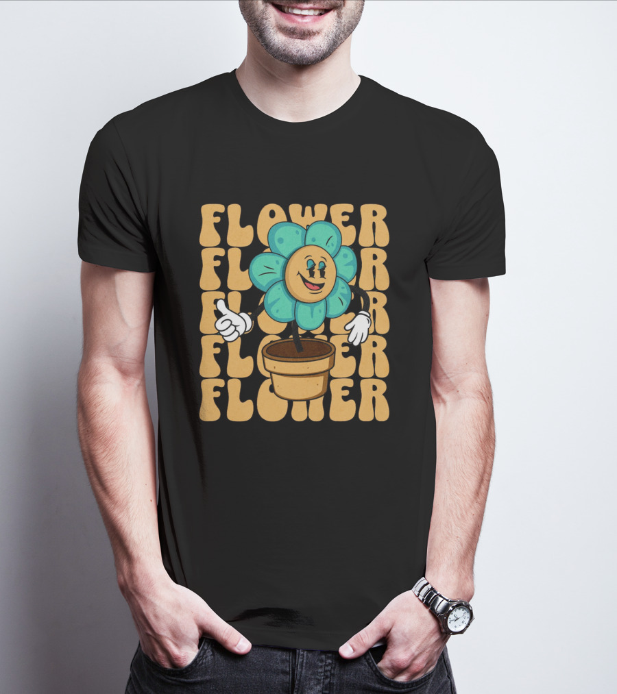 Flower Happy Blue Petal Character In Pot With Groovy Text T-Shirt