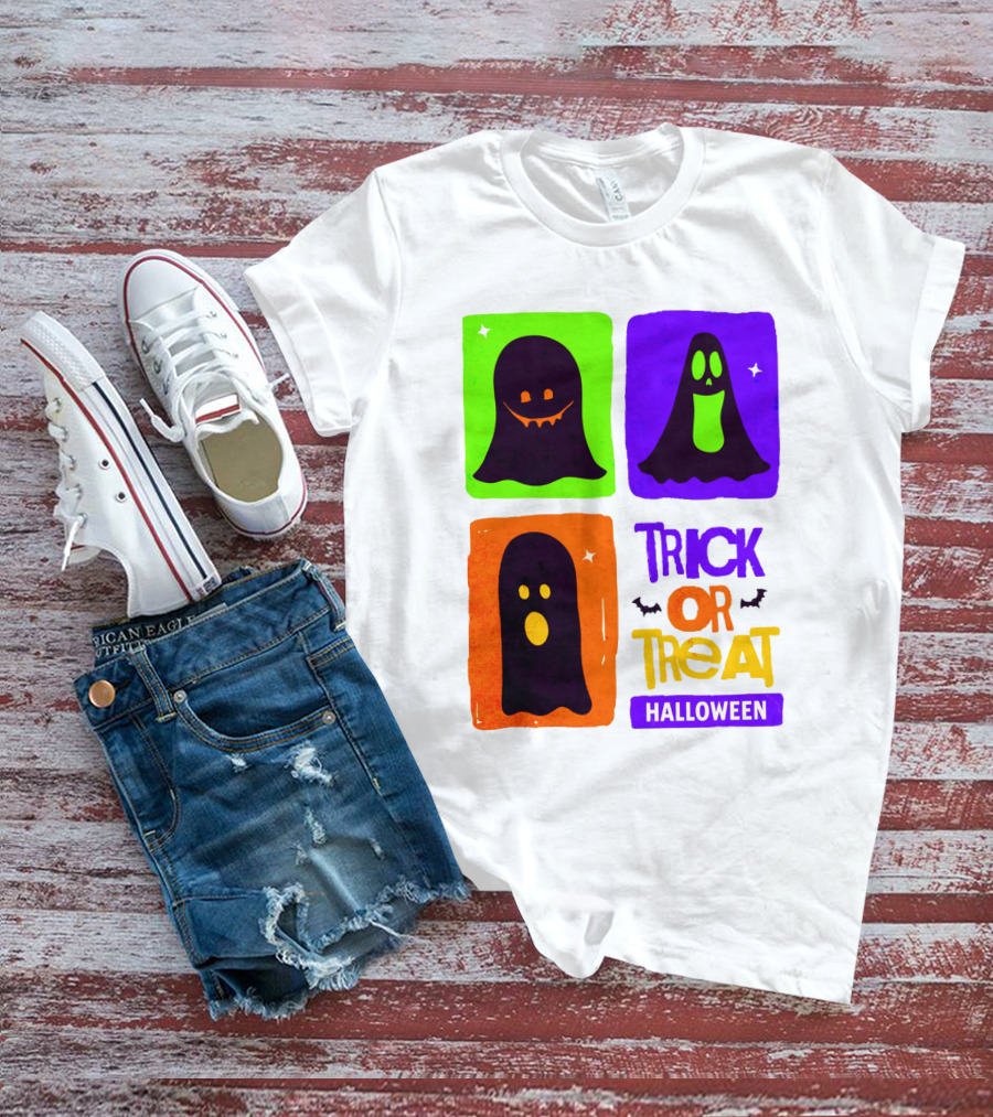 Halloween Trick Or Treat Ghosts In Colorful Boxes T-Shirt