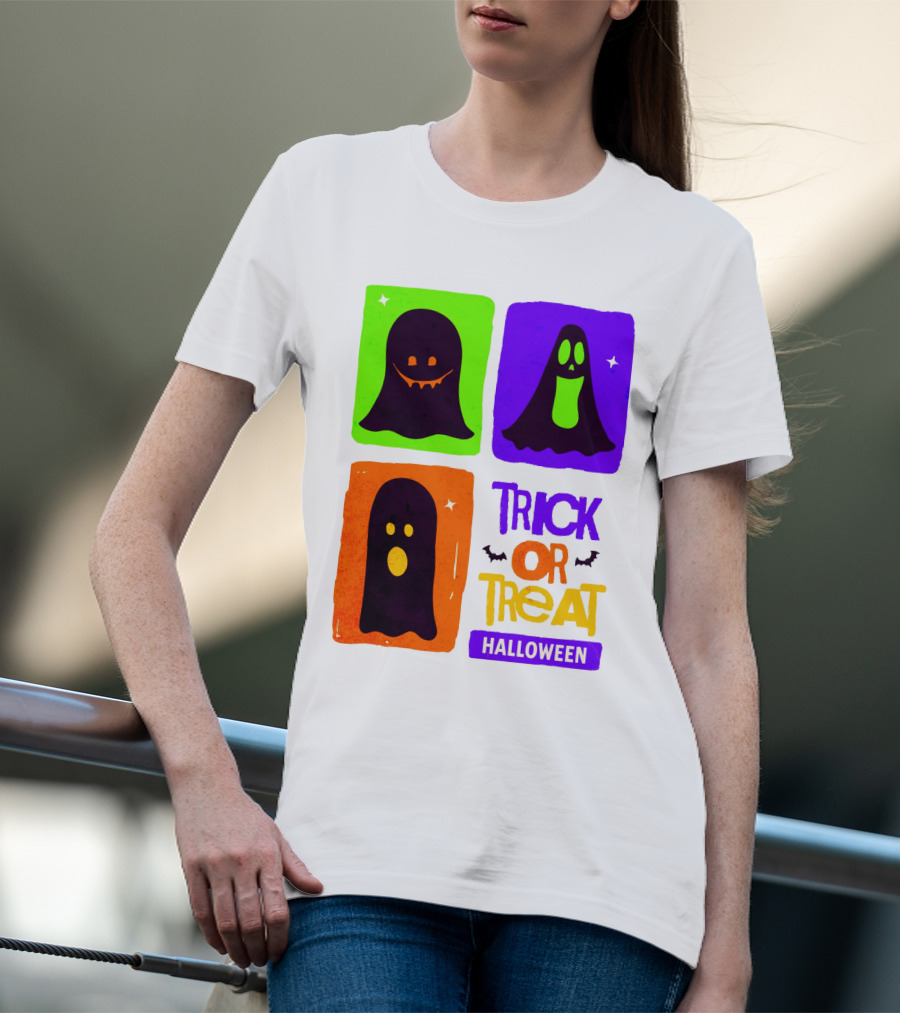 Halloween Trick Or Treat Ghosts In Colorful Boxes T-Shirt