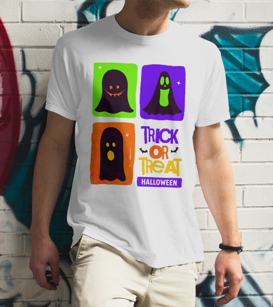Halloween Trick Or Treat Ghosts In Colorful Boxes T-Shirt