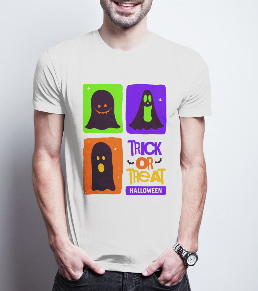 Halloween Trick Or Treat Ghosts In Colorful Boxes T-Shirt