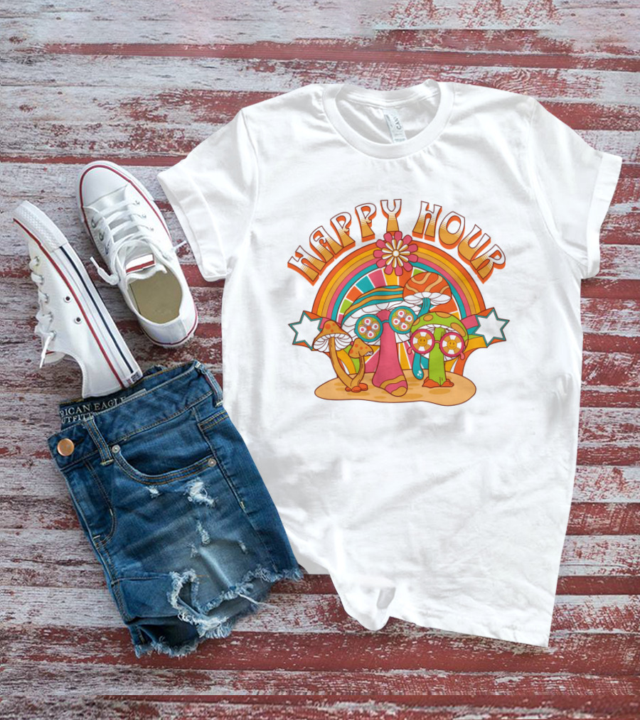Happy Hour Psychedelic Mushroom Rainbow 70s T-Shirt