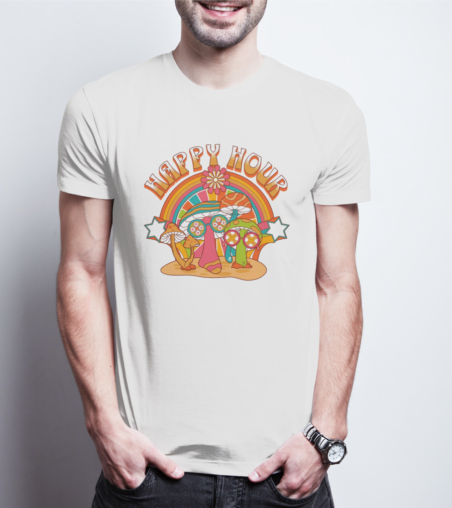 Happy Hour Psychedelic Mushroom Rainbow 70s T-Shirt