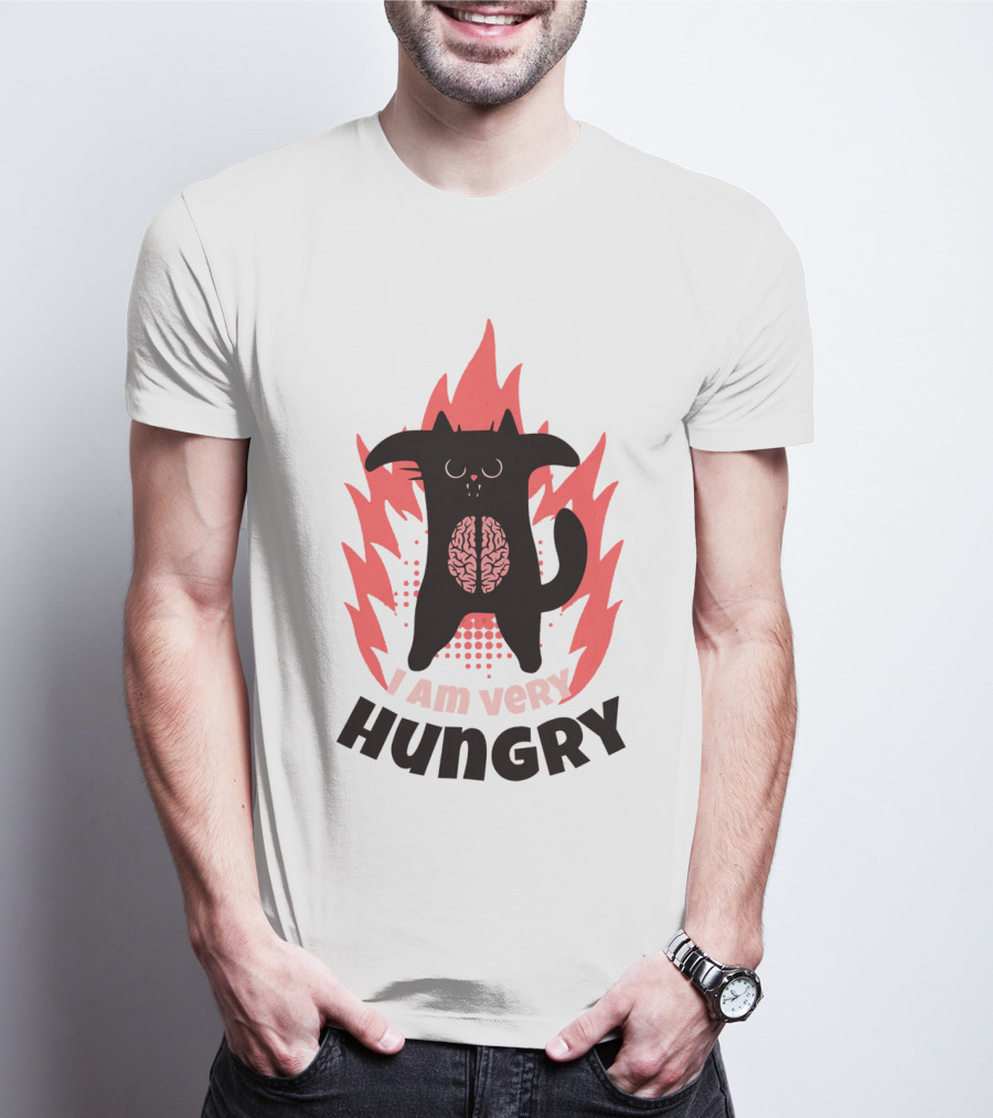 I Am Very Hungry Cat With Brain Design Humor T-Shirt