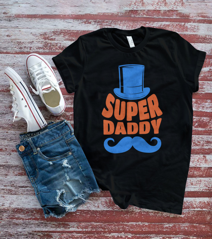 Super Daddy Mustache Top Hat Blue T-Shirt