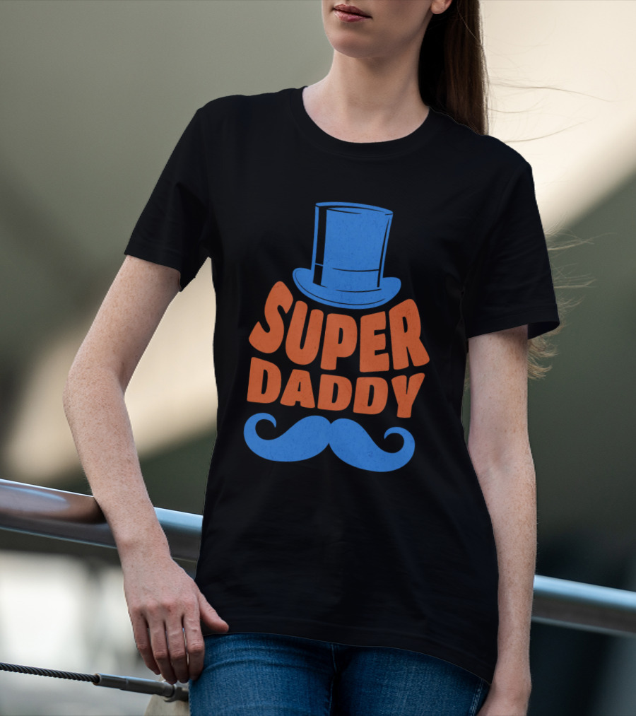 Super Daddy Mustache Top Hat Blue T-Shirt
