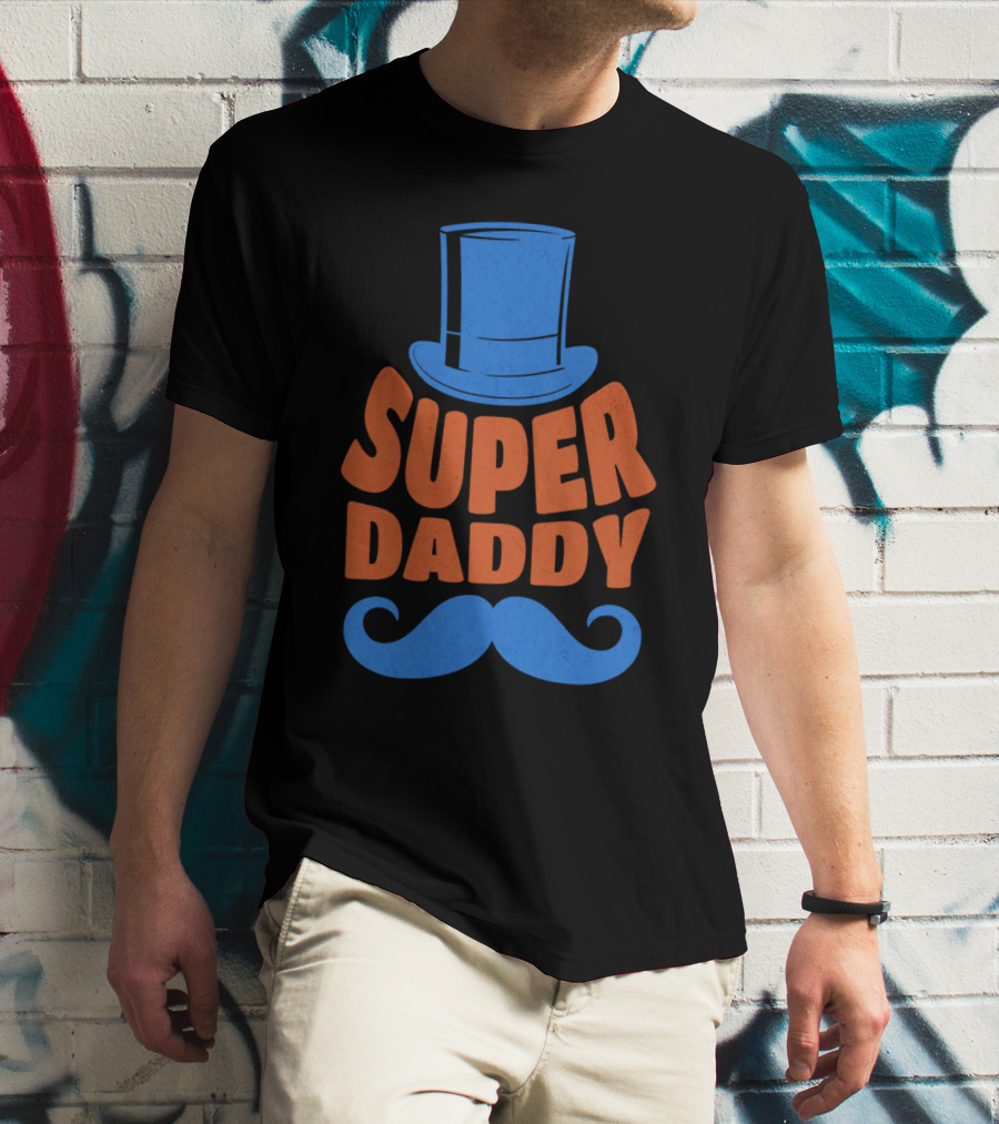 Super Daddy Mustache Top Hat Blue T-Shirt