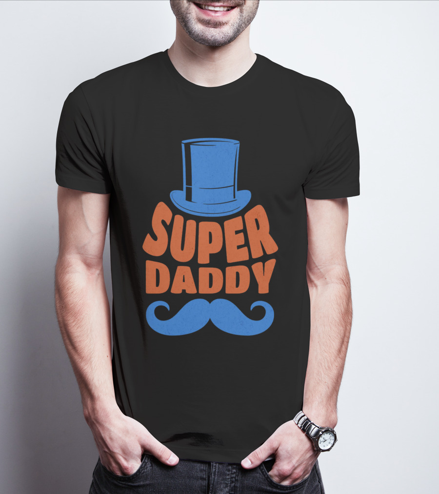Super Daddy Mustache Top Hat Blue T-Shirt