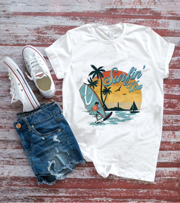 Surfin' Usa Retro Sunset Windsurfer Palm Trees Ocean Scene T-Shirt