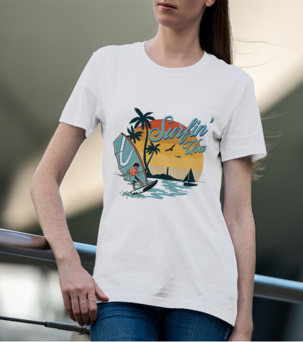 Surfin' Usa Retro Sunset Windsurfer Palm Trees Ocean Scene T-Shirt
