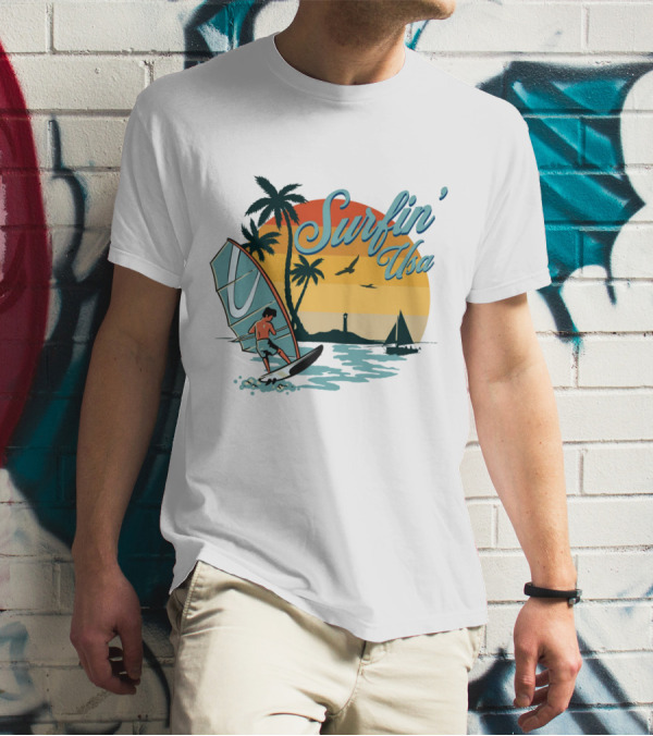 Surfin' Usa Retro Sunset Windsurfer Palm Trees Ocean Scene T-Shirt