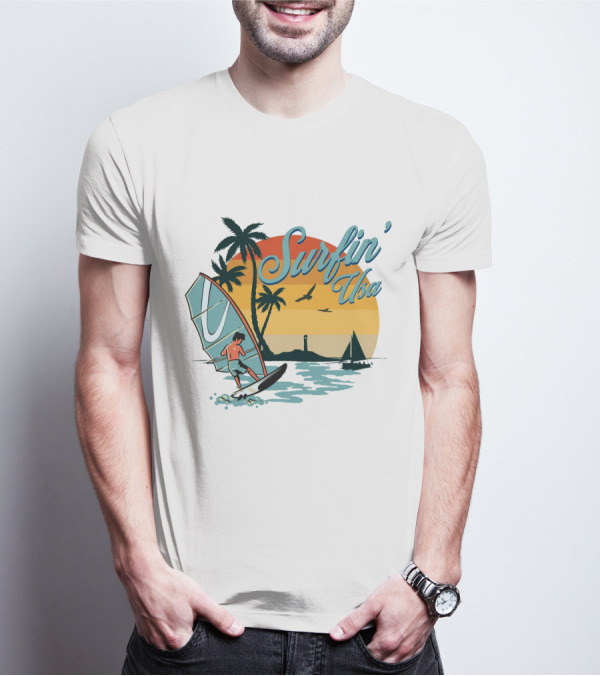 Surfin' Usa Retro Sunset Windsurfer Palm Trees Ocean Scene T-Shirt