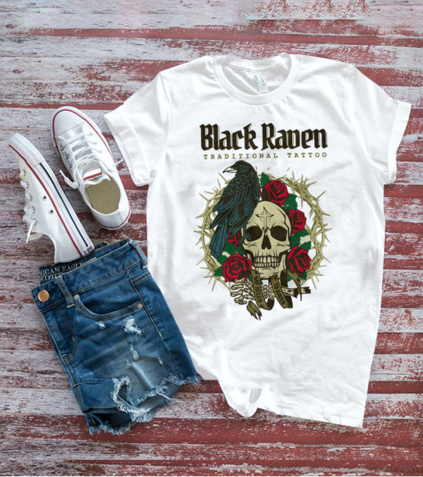Black Raven Traditional Tattoo Skull Roses Thorns T-Shirt