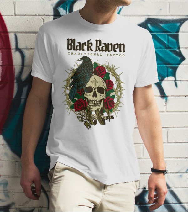 Black Raven Traditional Tattoo Skull Roses Thorns T-Shirt