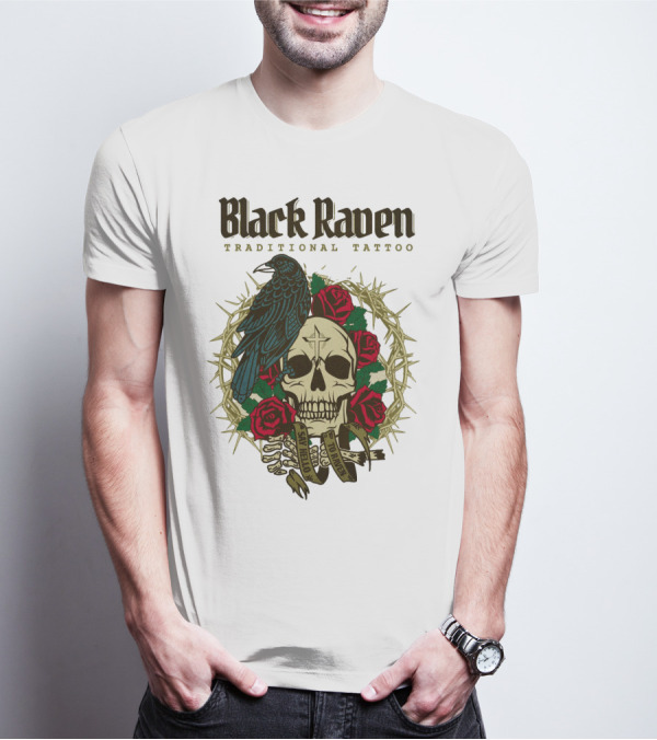 Black Raven Traditional Tattoo Skull Roses Thorns T-Shirt