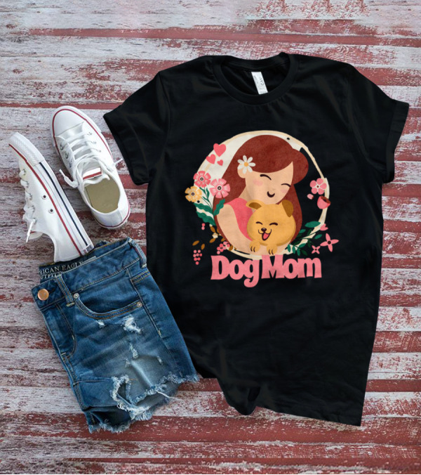Dog Mom With Happy Puppy And Floral Heart Circle T-Shirt