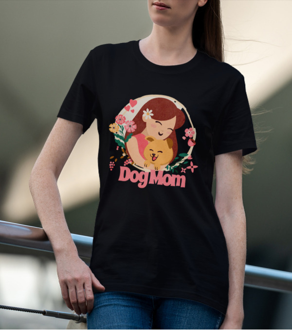 Dog Mom With Happy Puppy And Floral Heart Circle T-Shirt