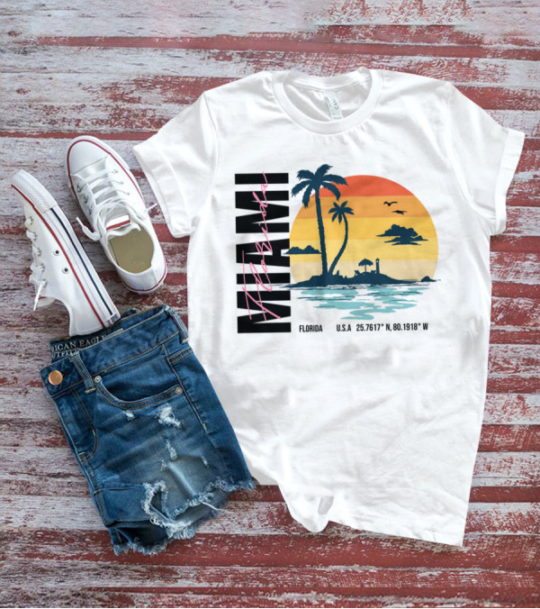 Florida Miami Beach Sunset Coordinates Palm Trees T-Shirt
