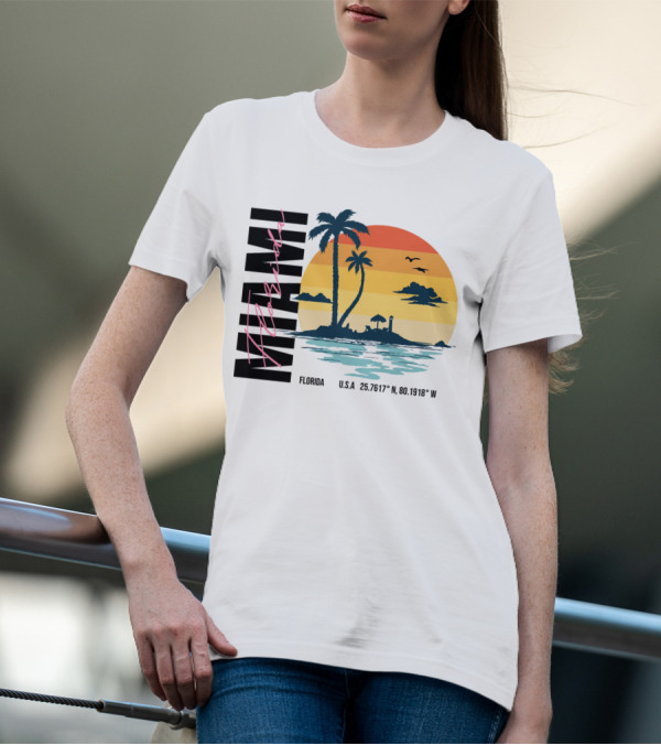 Florida Miami Beach Sunset Coordinates Palm Trees T-Shirt