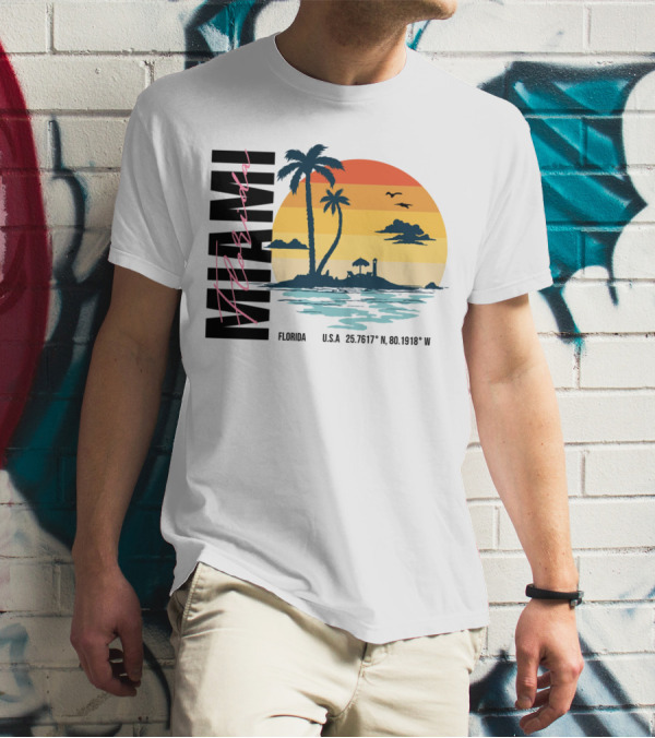 Florida Miami Beach Sunset Coordinates Palm Trees T-Shirt