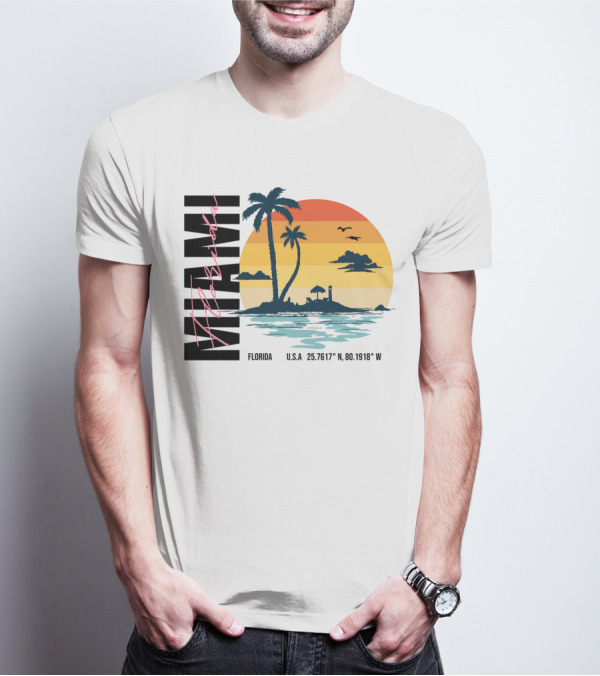 Florida Miami Beach Sunset Coordinates Palm Trees T-Shirt