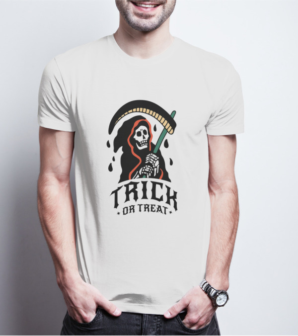 Trick Or Treat Grim Reaper Skeleton With Scythe Halloween T-Shirt