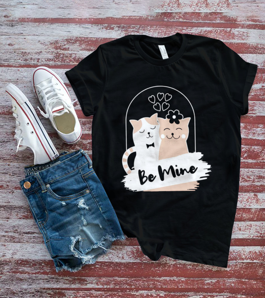 Be Mine Cute Cat Couple With Hearts And Bow Tie T-Shirt