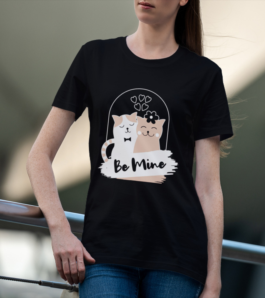 Be Mine Cute Cat Couple With Hearts And Bow Tie T-Shirt