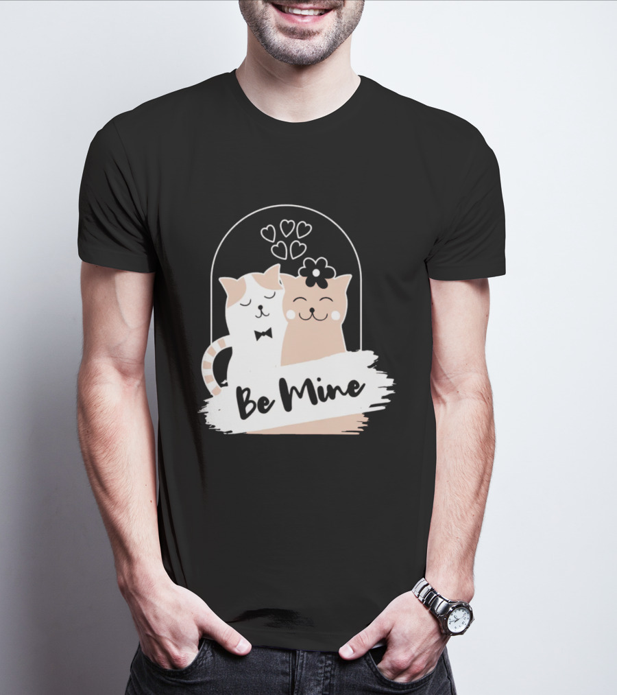 Be Mine Cute Cat Couple With Hearts And Bow Tie T-Shirt