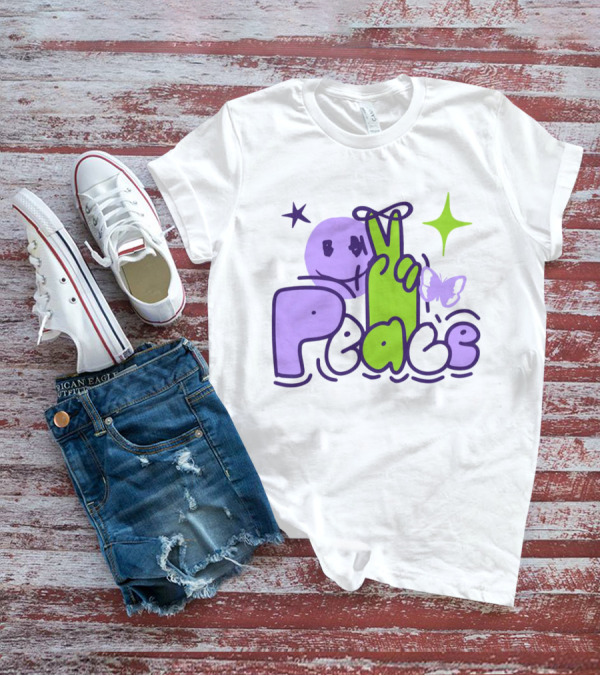 Peace Doodle Smiley Face Butterfly Star Purple Green T-Shirt