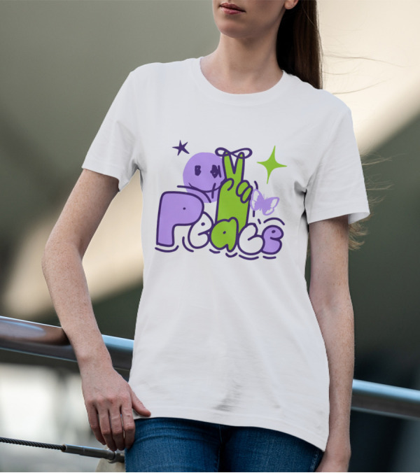 Peace Doodle Smiley Face Butterfly Star Purple Green T-Shirt