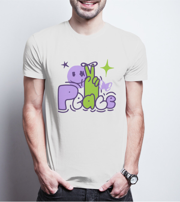 Peace Doodle Smiley Face Butterfly Star Purple Green T-Shirt