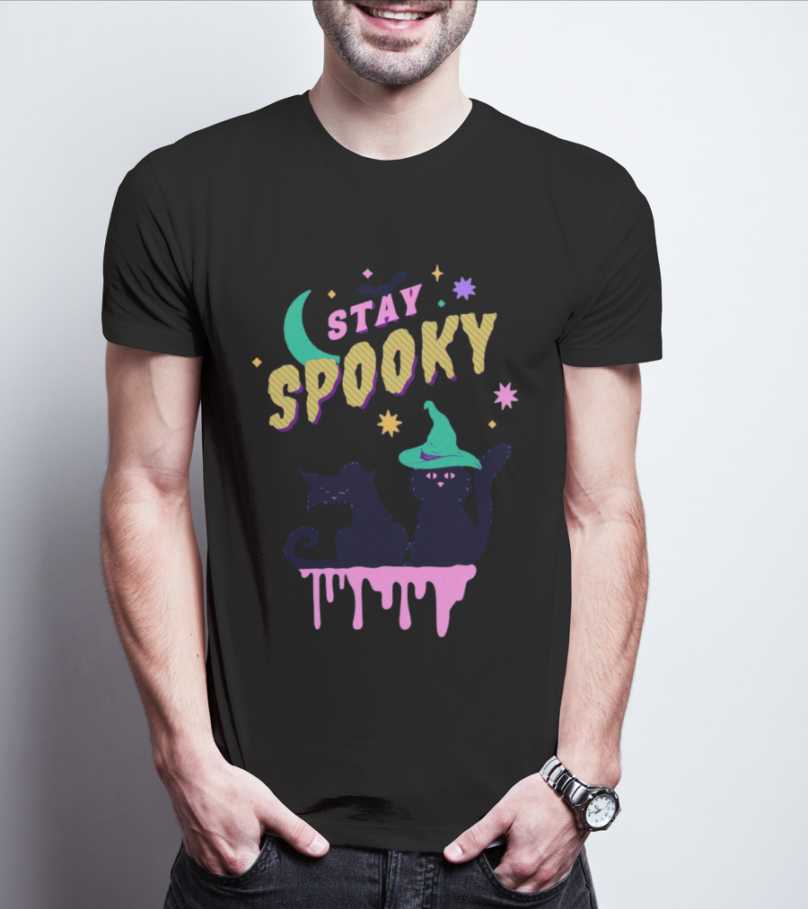 Stay Spooky Halloween Cats Moon Witch Hat Dripping Stars T-Shirt