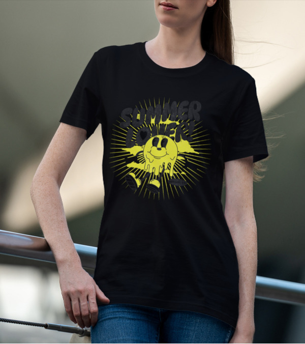 Summer Lover Cartoon Melting Smiley With Radiant Sunburst Background T-Shirt