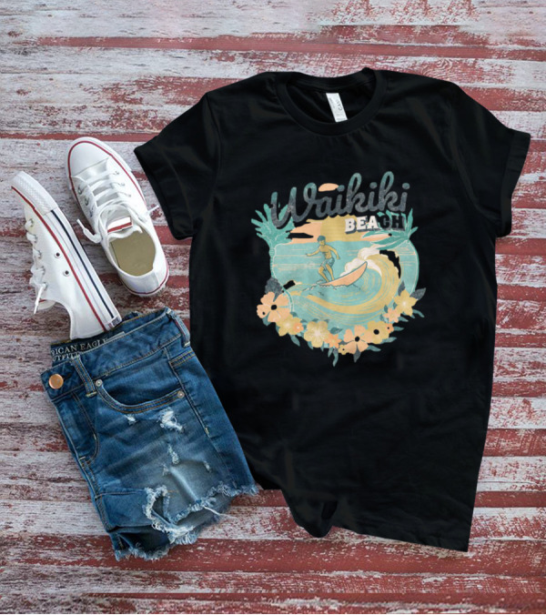 Waikiki Beach Vintage Surfing Adventure Floral T-Shirt