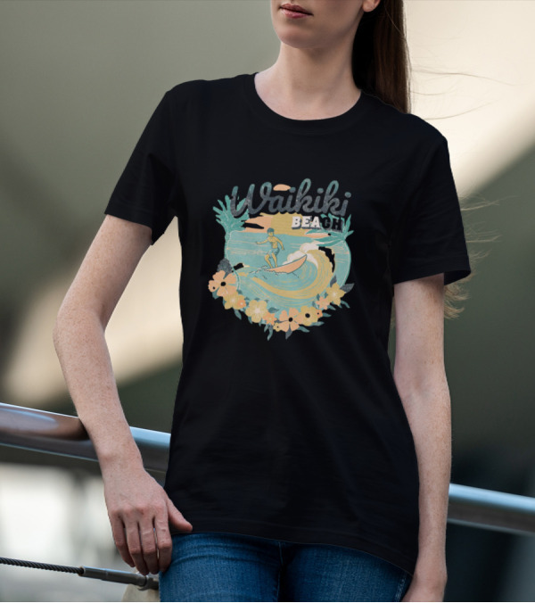 Waikiki Beach Vintage Surfing Adventure Floral T-Shirt