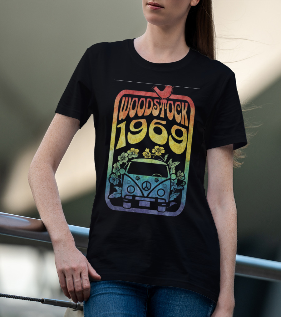 Woodstock 1969 Colorful Campervan Peace Symbol With Flowers T-Shirt