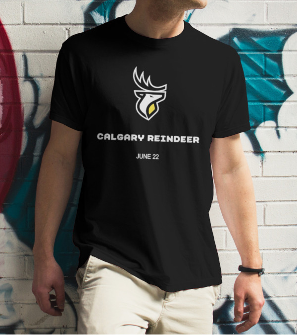 Calgary Reindeer June 22 Logo White Antlered Emblem T-Shirt