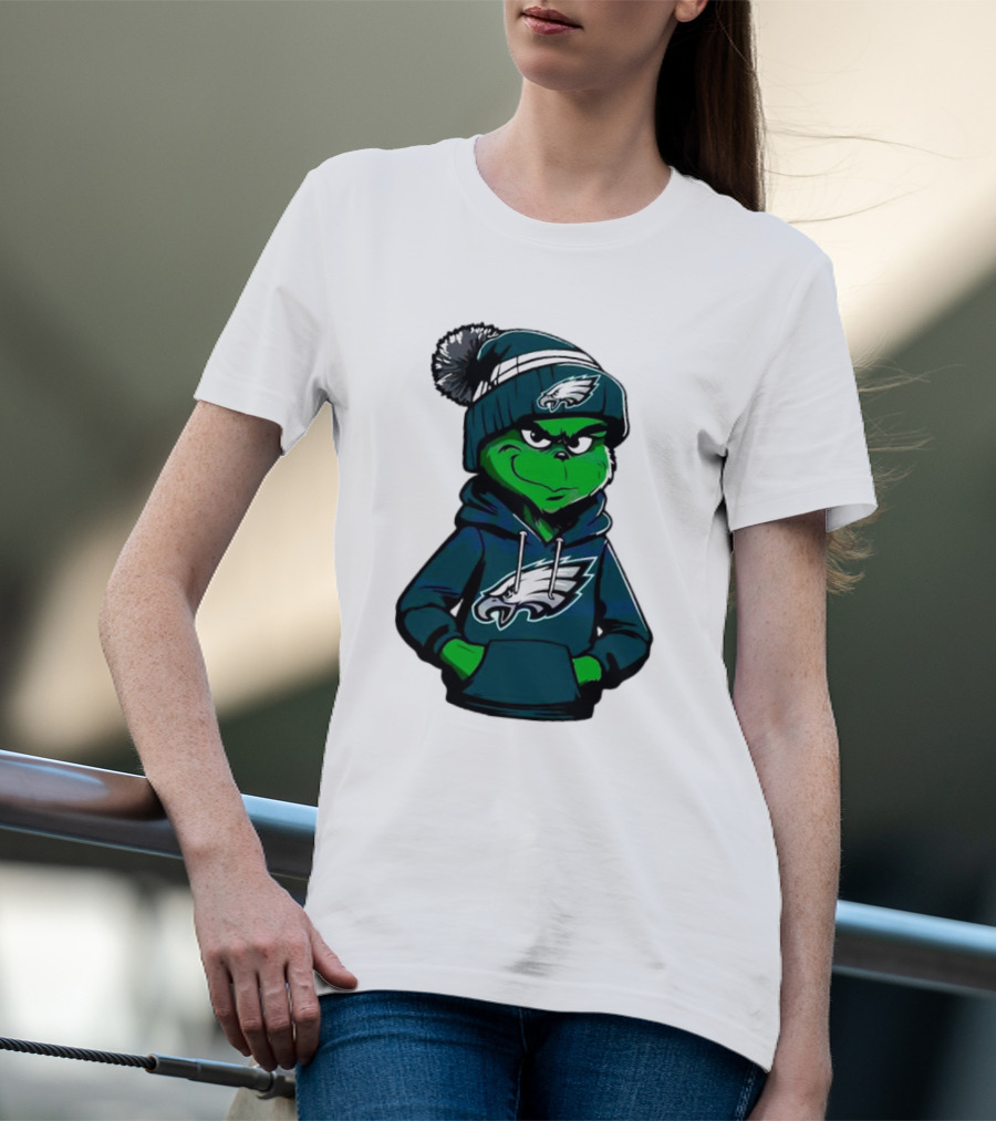 Grinch Dressed In Philadelphia Eagles Hoodie And Hat T-Shirt