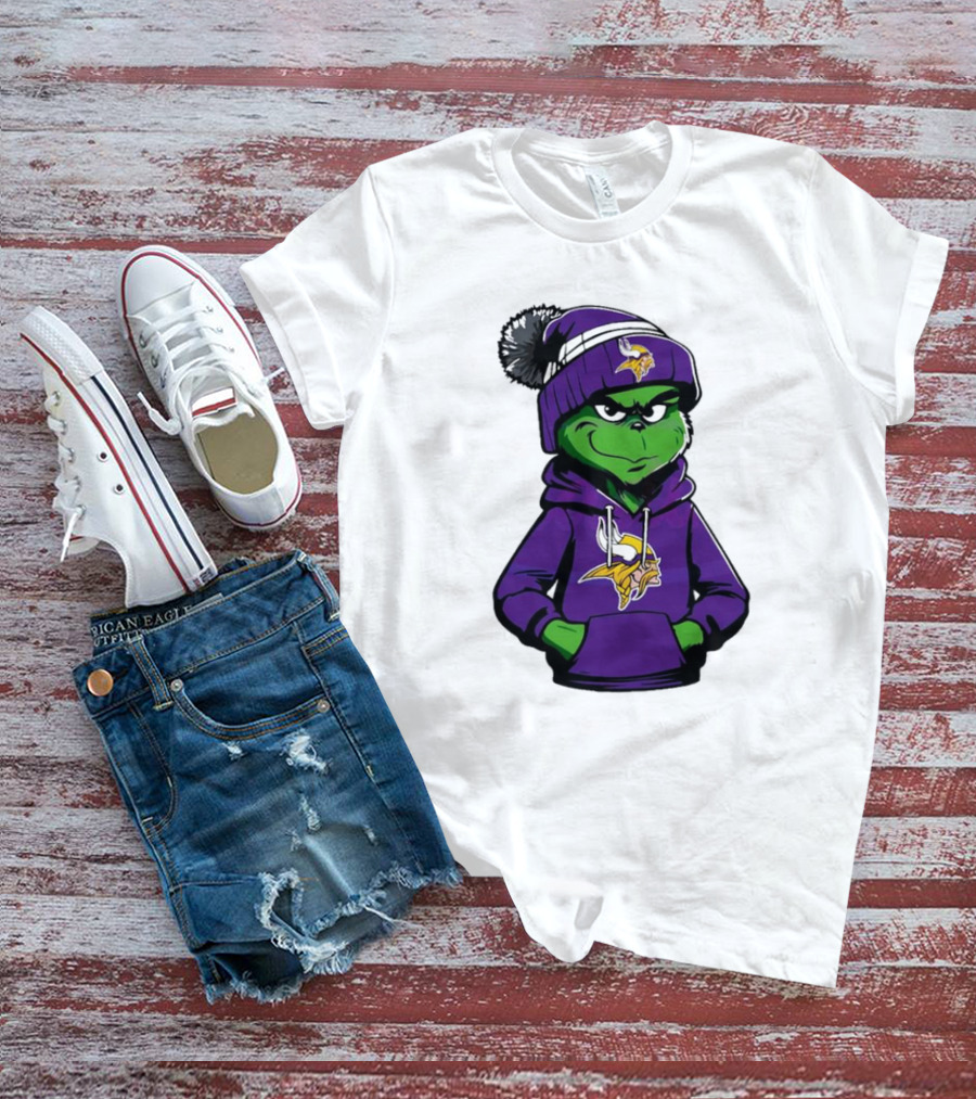 Grinch In Minnesota Vikings Hoodie And Hat With Team T-Shirt