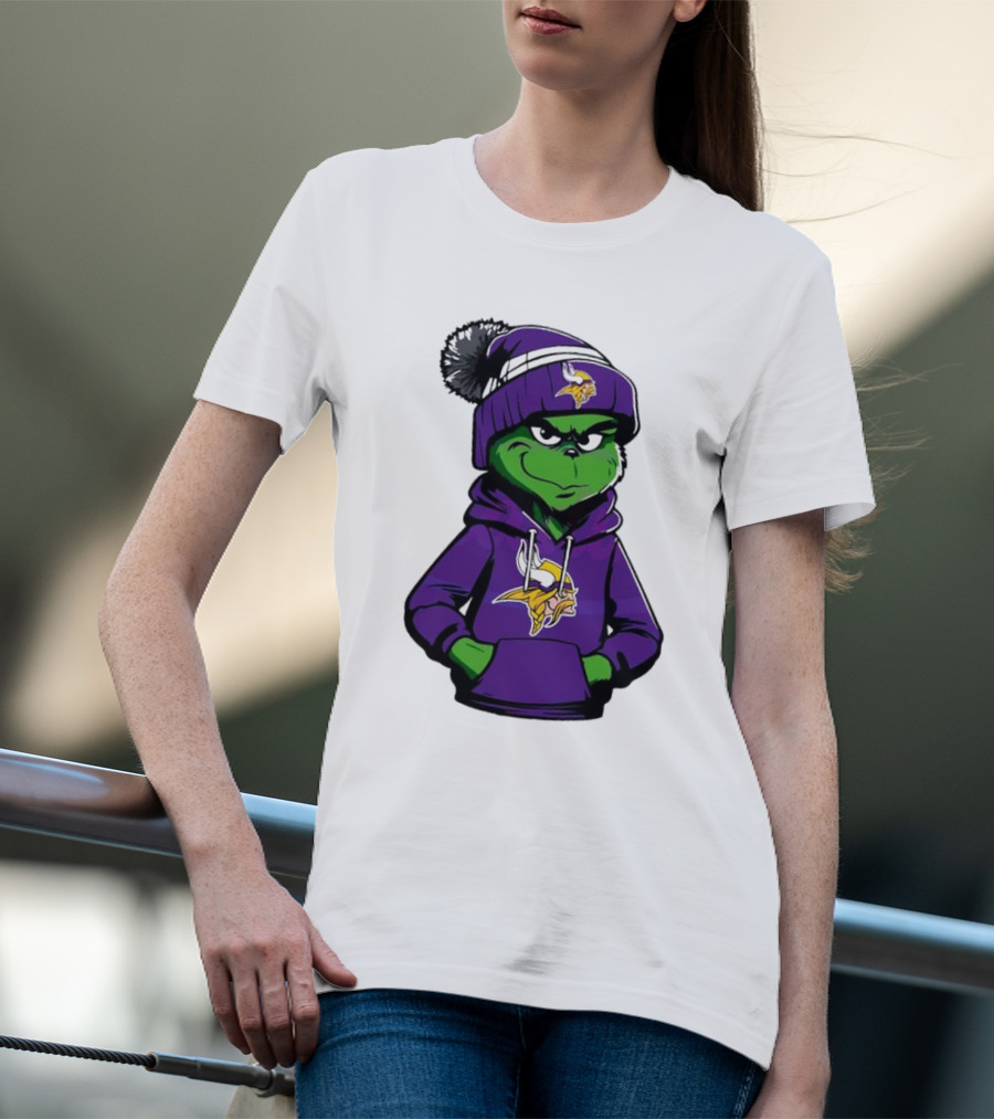 Grinch In Minnesota Vikings Hoodie And Hat With Team T-Shirt