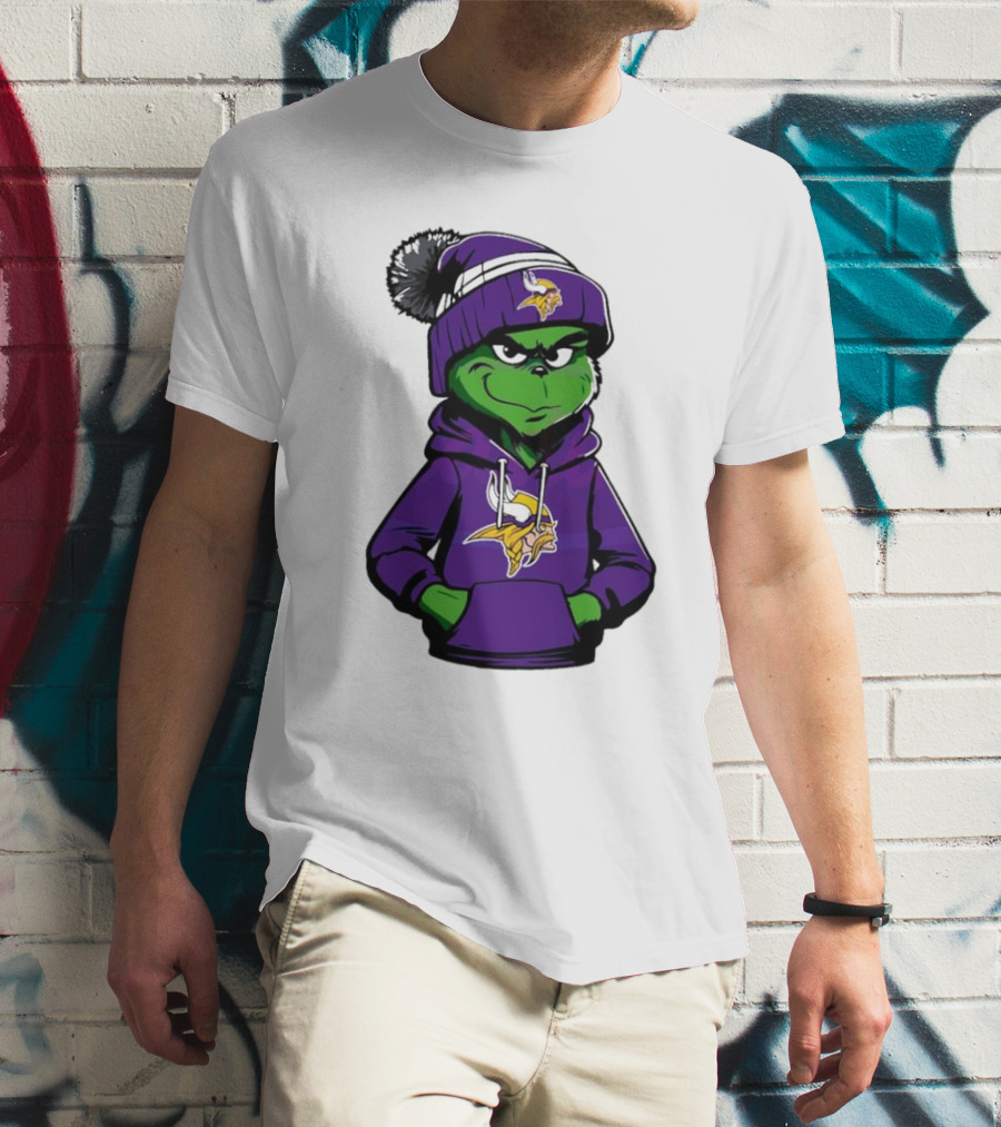 Grinch In Minnesota Vikings Hoodie And Hat With Team T-Shirt