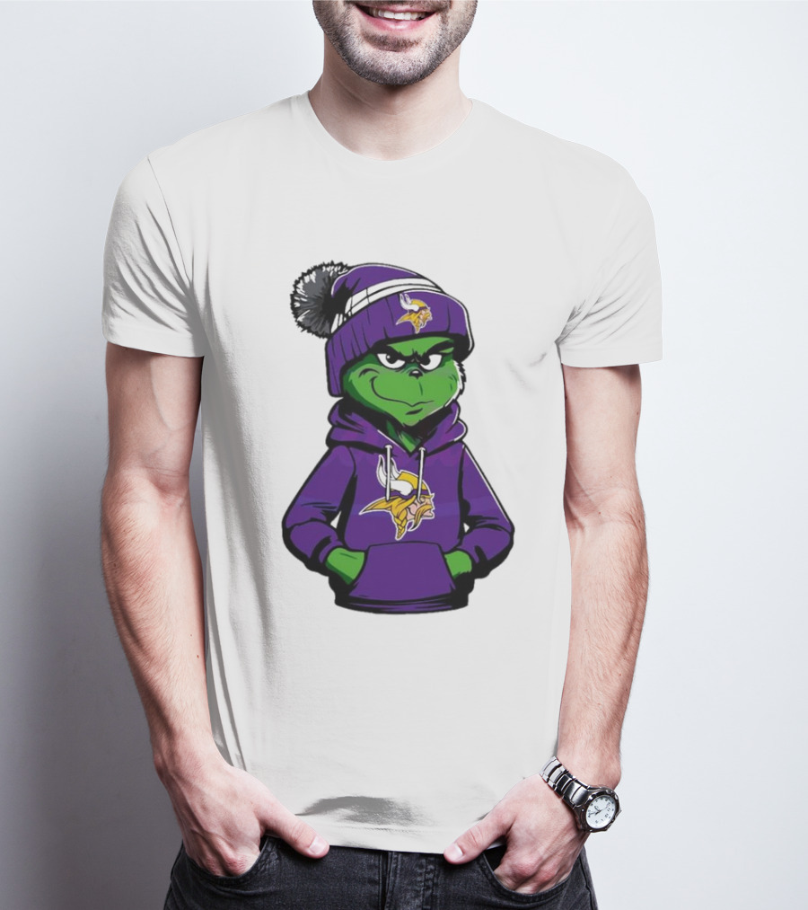 Grinch In Minnesota Vikings Hoodie And Hat With Team T-Shirt