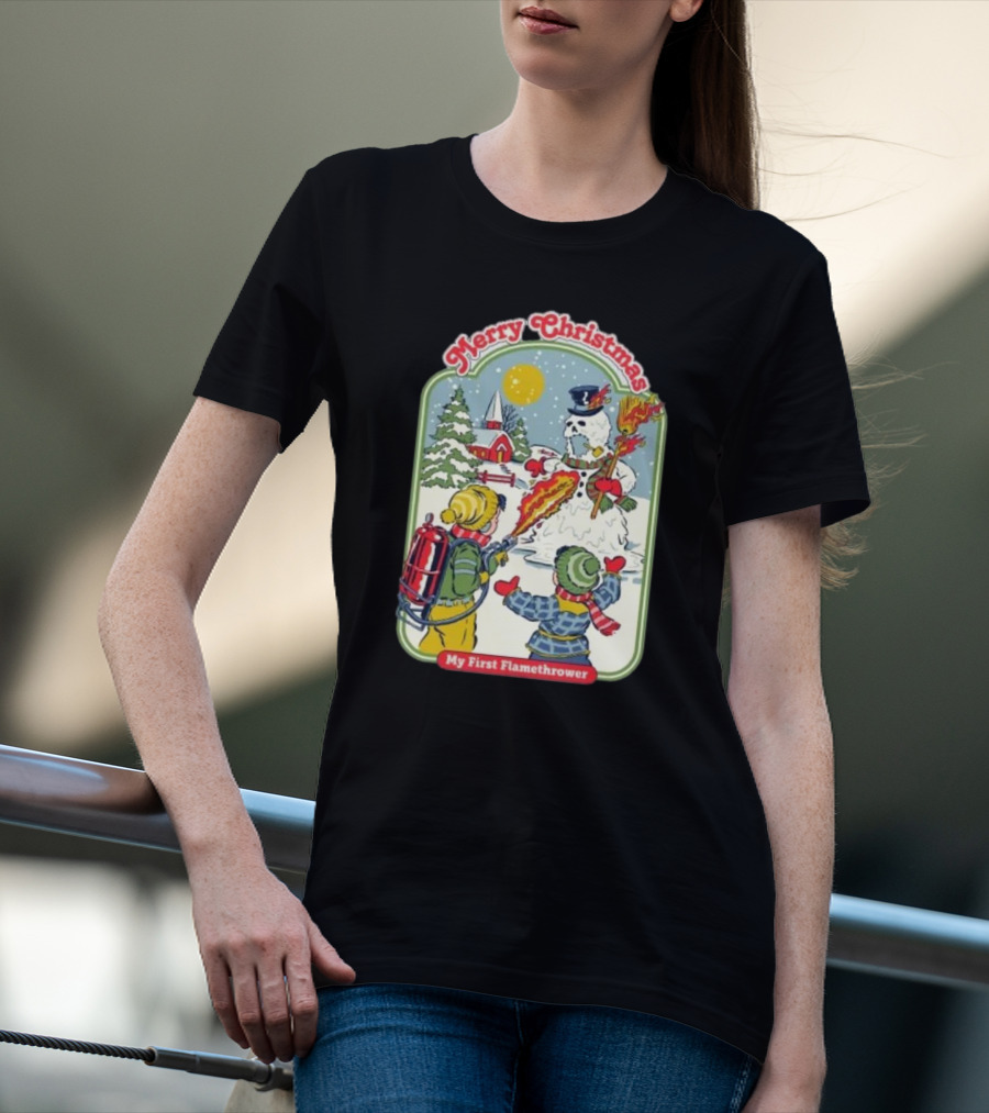Merry Christmas My First Flamethrower Vintage Snowman Scene T-Shirt