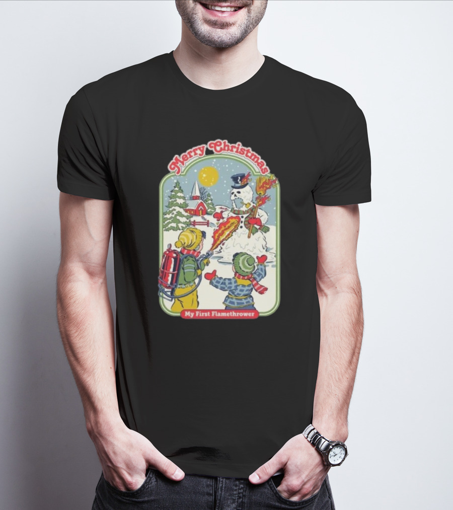 Merry Christmas My First Flamethrower Vintage Snowman Scene T-Shirt
